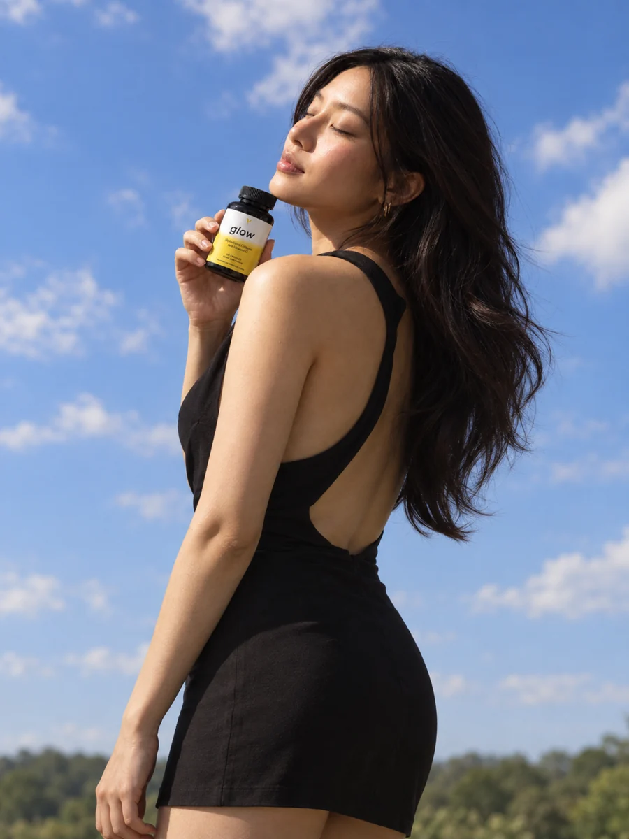 Bianca Lim holding Glow under a blue sky.