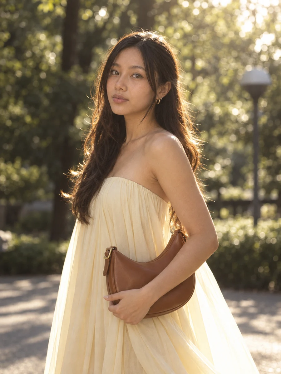 Bianca Lim outdoors in a yellow dress.