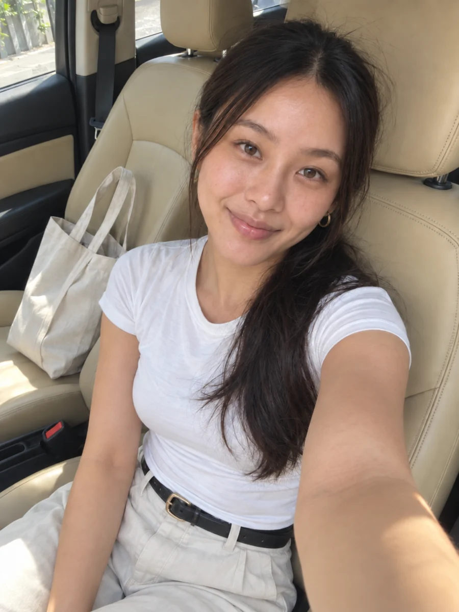 Bianca Lim taking a selfie in a car.